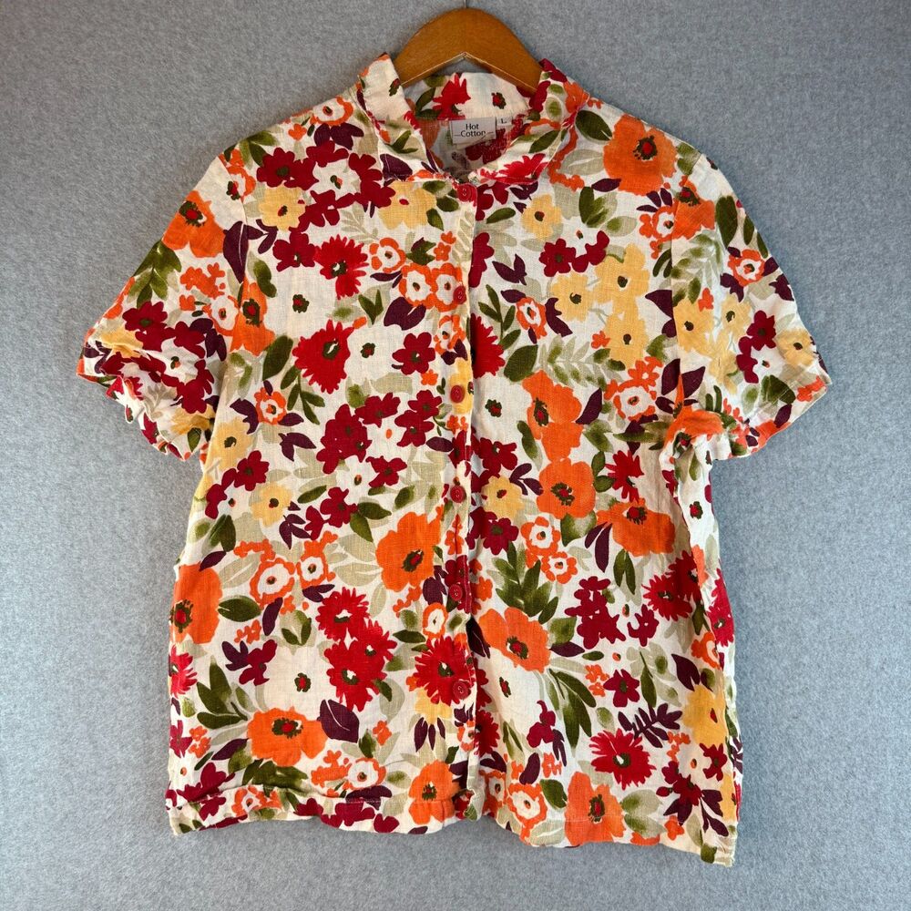 Hot Cotton 100% Linen Top Floral Collared Short Sleeve Coastal Granny USA Made L